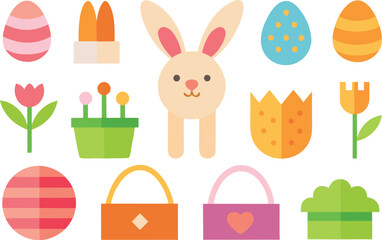 A collection of colorful easter icons including eggs, bunnies, tulips, and baskets, perfect for spring celebrations. Vector, illustration