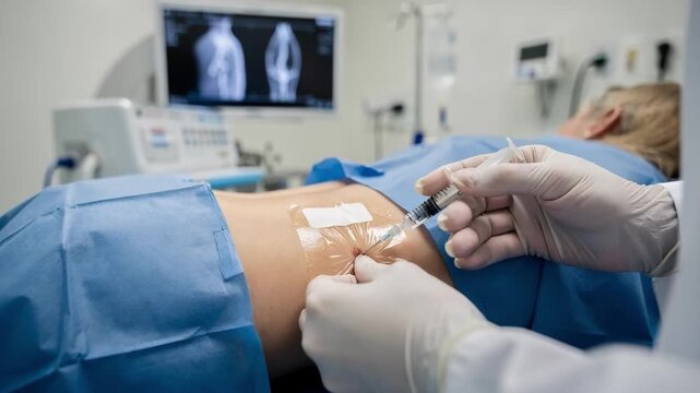 Fluoroscopyguided spinal pain management procedure setup emphasizing the needle insertion area with the rest of the procedure room gently blurred for depth.