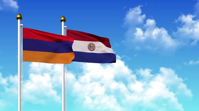 Waving flags of ARMENIA and PARAGUAY on pole included with alpha