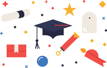 A collection of graduation-themed icons including a cap, diploma, gift box, and confetti Vector, illustration