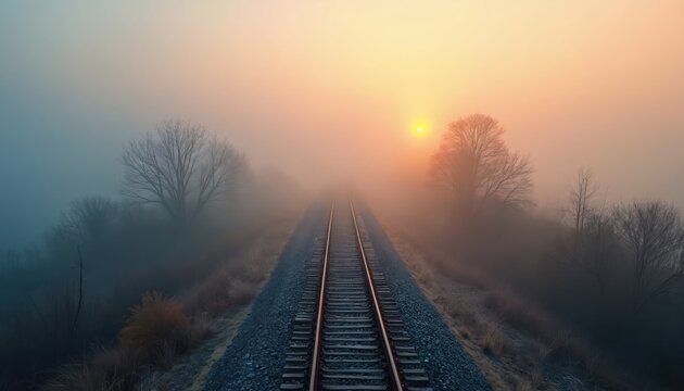 Empty train tracks disappear into thick fog on a cold winter morning with sun low in sky. Bare trees line the misty path. Railway journey through haze.