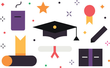 Illustrations of graduation cap, diploma, book, and other school supplies on a white background Vector, illustration