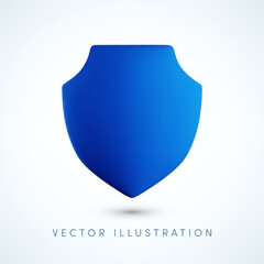Vector Realistic 3d blue shield icon. Cartoon 3d render of protection and security sign, guarantee symbol, defense concept.