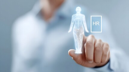 A hand interacts with a futuristic holographic projection of a human body and HR text representing digital human resources personnel selection and advanced technology in recruitment
