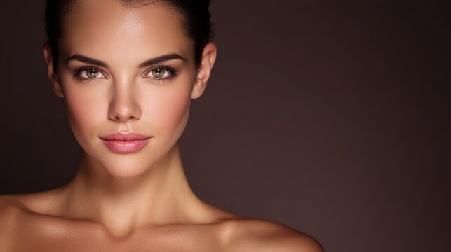 Stunning Portrait of a Young Woman with Radiant Skin and Captivating Eyes Against a Dark Background