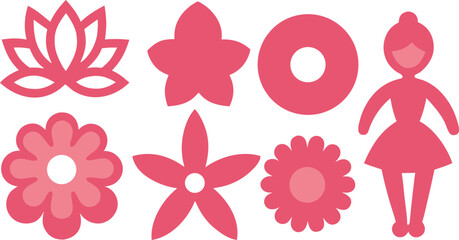 A collection of stylized pink floral elements and a simple silhouette of a girl Vector, illustration