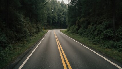 Obraz premium Empty winding forest road with double yellow lines on an overcast day
