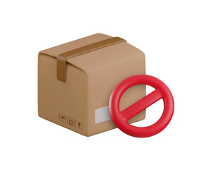 Vector cartoon 3d failed delivery icon. Realistic 3d cardboard box with red prohibition sign. Missing order, cargo troubles, restriction parcels, problem shipping, import export control, sanctions.