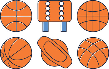 A collection of basketballs and a basketball hoop with a net is depicted in a flat, cartoonish style. Vector, illustration