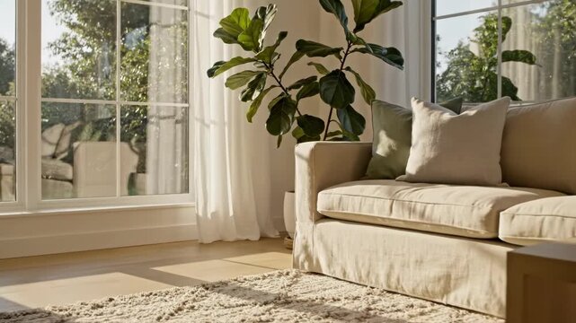 Cozy living room interior with beige sofa and coffee table by window