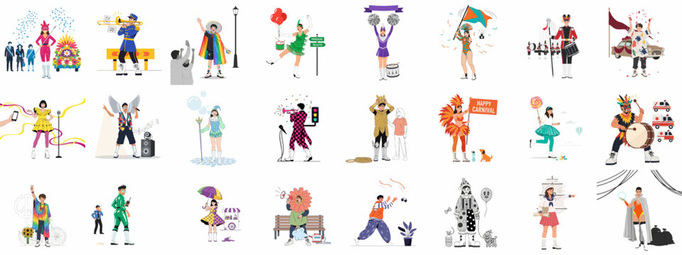 Diverse characters in costumes celebrating carnival, pride, and street festivals, featuring parades, music, and vibrant public performances.