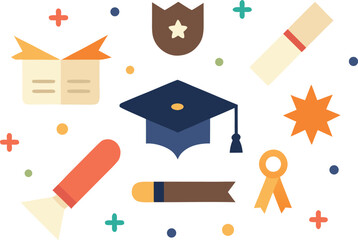 A collection of graduation-related icons, including a cap, diploma, and ribbon, arranged in a playful pattern. Vector, illustration