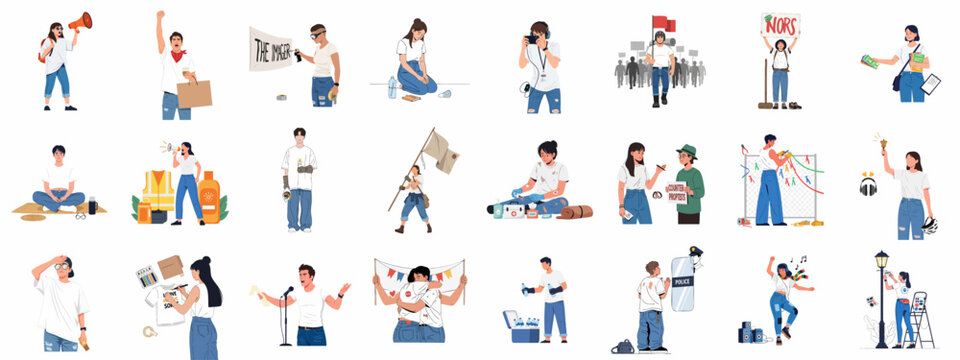 Diverse flat illustration set of activists and volunteers participating in social movements, protest preparation, civil disobedience, media coverage, and community support roles.