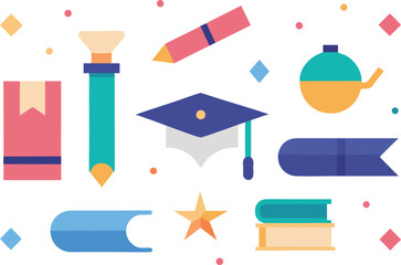 A colorful assortment of educational and school supplies arranged in a playful composition Vector, illustration