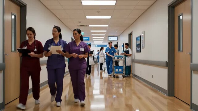 Medical professionals in blue and white scrubs and lab coats walk down a hospital hallway with a cart
