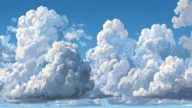 A magical collection of stormy gray and white cumulus clouds with darker bases transitioning to bright white tops on light blue sky