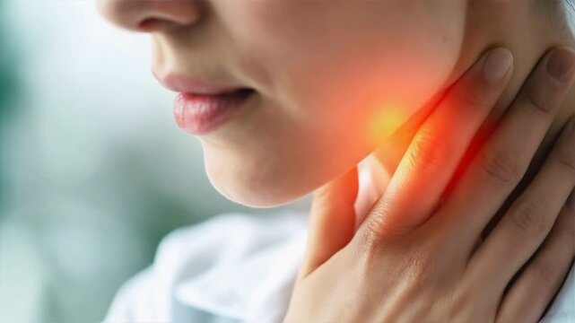 A close-up image of a woman holding her throat, showing signs of discomfort and concern.
