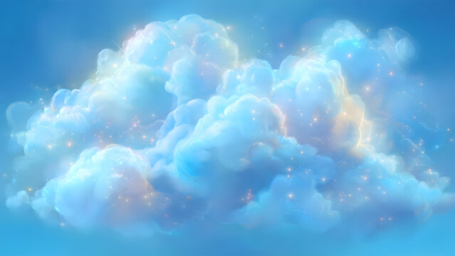 A magical set of glowing luminous clouds with soft ethereal light emanating from within on light blue sky backdrop, vector cartoon illustration