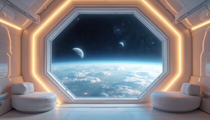 Fototapeta premium View from spaceship interior window shows Earth and moons in starry galaxy. Modern white room with seats offers calm perspective on universe.