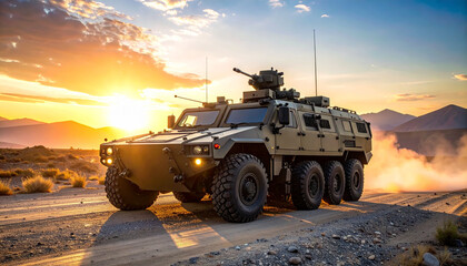 Fototapeta premium Powerful armored military vehicle driving on a dusty road at sunset with mountains in the background