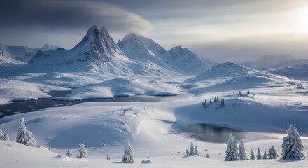 Fototapeta premium Majestic snow covered mountains rise above a frozen, rolling arctic landscape under bright winter sunlight.