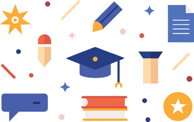 A collection of colorful educational icons representing learning, graduation, and school supplies. Vector, illustration