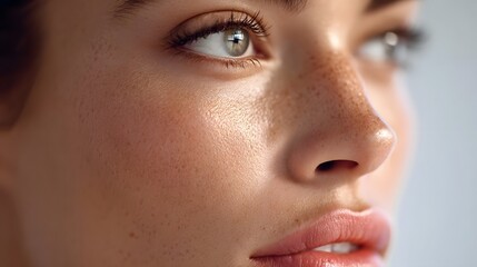 Fototapeta premium Detailed close up of a young woman s healthy glowing skin highlighting natural pores and freckles across her face with subtle makeup and soft lighting