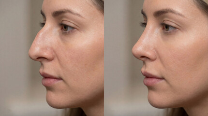 Obraz premium Split image of woman's profile showing before and after nose job