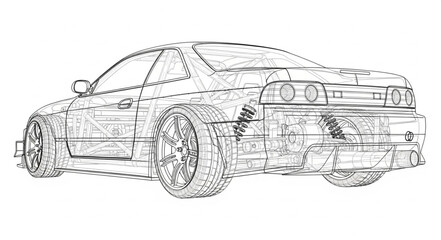 Sports Car Blueprint Wireframe Sketch.