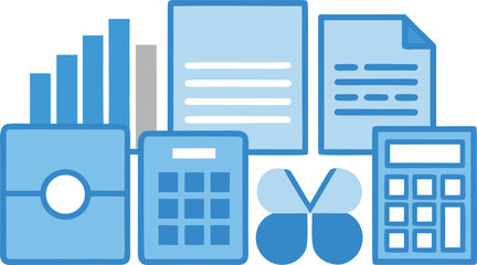 Illustration of various financial and business-related icons including calculators, bar charts, and documents Vector, illustration