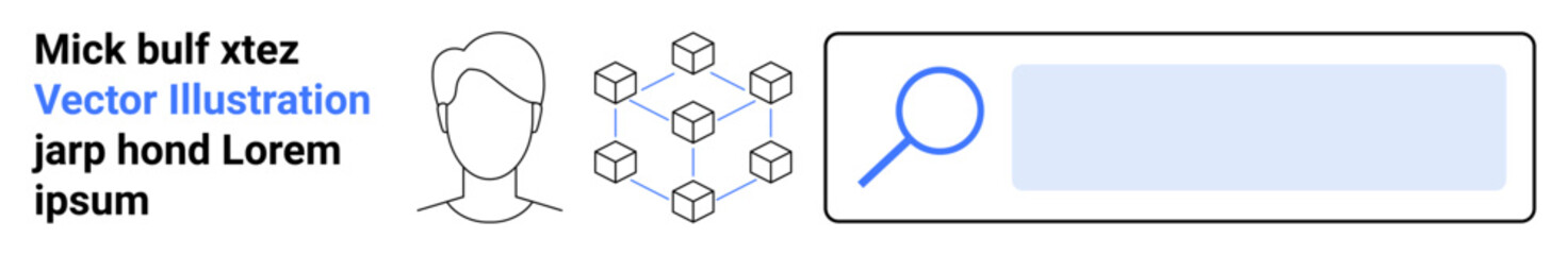Data security, blockchain, digital identity, online search, tech innovation, futuristic concepts. A human profile, blockchain diagram and search bar illustration. Digital identity and blockchain