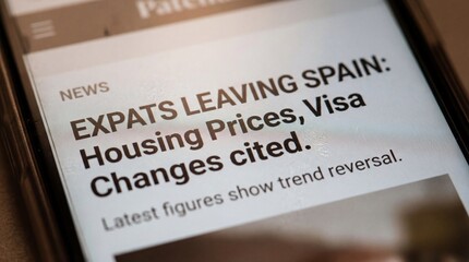 News headlines about expats leaving Spain and factors involved in that event, displayed on a mobile device screen.