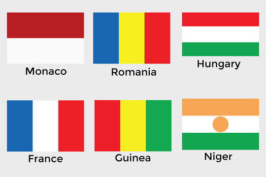 Monaco flag, Romania flag, Hungary flag, France flag, Guinea flag, Niger flag set vector illustration. eps 10