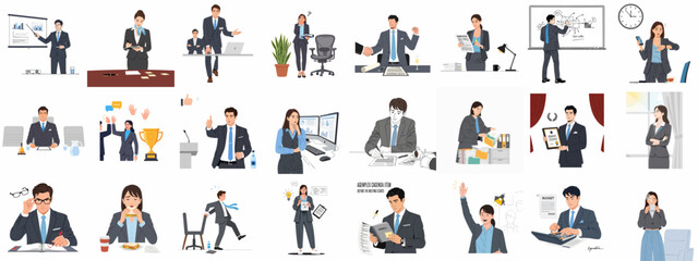Fototapeta premium Professional Business People Activity Set: Illustrations of corporate success, stress, meetings, presentations, planning, paperwork, and daily office life concepts.