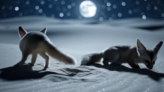 Playful Fennec Foxes Digging in Moonlit Desert Sands