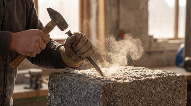 Craftsman diligently chisels stone, shaping a raw block into a work of art with precision and skill in his workshop.