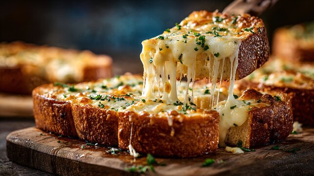 Garlic bread with cheese pull moment, slice lifted showing melted mozzarella stretch, dark moody background, cinematic food photography