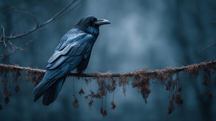 Fototapeta premium A black raven perches on a mossy branch in a dark mysterious forest environment