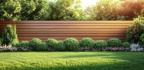 A serene garden scene featuring lush green grass, carefully trimmed bushes, and a wooden fence basking in warm sunlight.