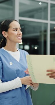 Documents, emergency and talking with doctor in hospital for accident report, ambulance bay and night triage director. Healthcare advisor, medical overtime and debrief with woman in trauma center