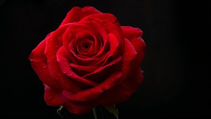 Displaying single crimson rose showing velvety petals in studio with black backdrop, dew and stem