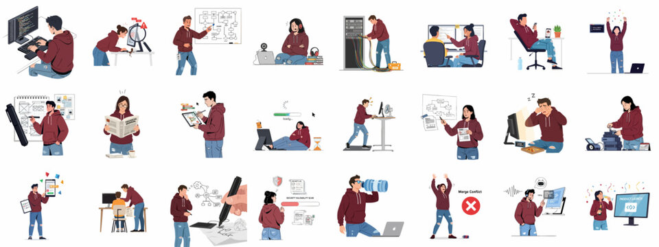 Programmers and IT Specialists at Work: A collection of illustrations detailing development workflow, troubleshooting, collaboration, and success.