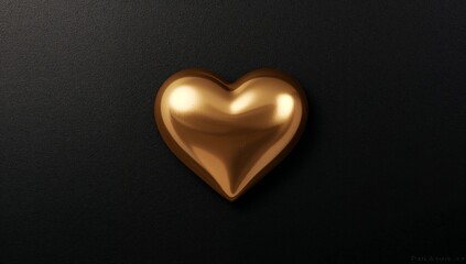 Fototapeta premium Resting metallic gold heart object reflecting highlights on black base with soft shadow, watermark