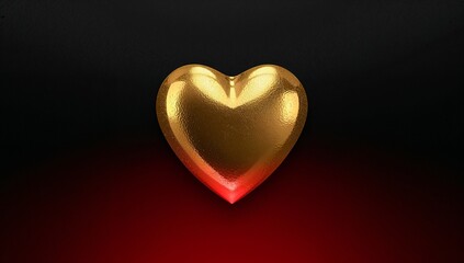 Fototapeta premium Shining gold heart-shaped sculpture reflecting studio light, casting subtle red rim glow on base