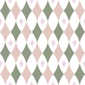 Seamless harlequin diamond pattern in vintage circus style with playful geometric shapes and star elements. Retro background inspired by carnival and party themes, perfect for baby nursery decor, kids