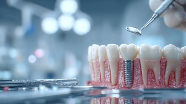 A close up view of a realistic dental arch model features a single titanium screw dental implant among healthy teeth
