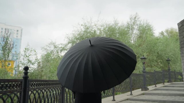 black umbrella covering pedestrian on bridge, overcast sky, wet walkway, vintage lamp post, iron railing, distant trees, slow walking motion, subtle raindrops, cinematic moody atmosphere, urban