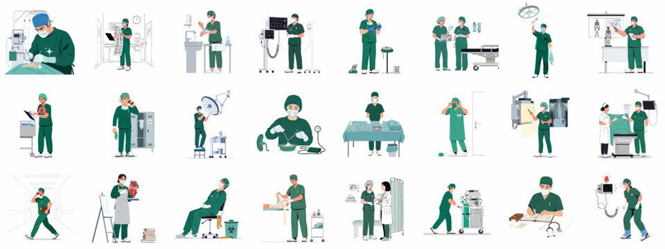 Vector illustrations showing surgeons and medical team performing various procedures, preparations, consultations, and tasks in a hospital setting.