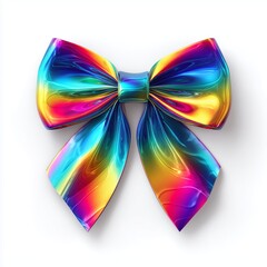 Obraz premium A vibrant and shiny pink ribbon bow featuring iridescent and holographic textures, isolated on a white background. Generative AI.