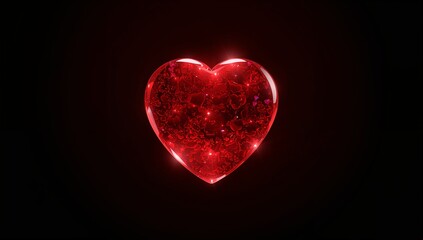 Obraz premium Floating glossy red glass heart glowing in deep black studio, revealing tiny hearts and rim glow